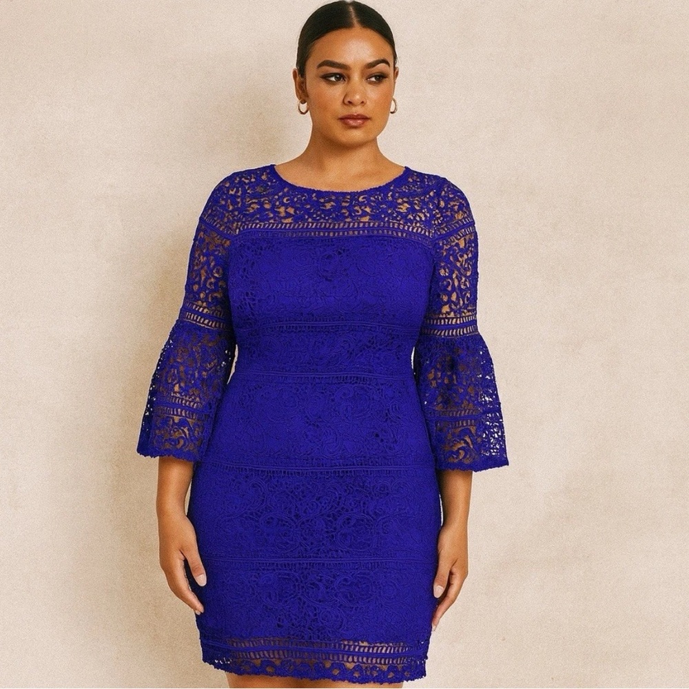 Ralph Lauren Womens Blue Lace Shift‎ dress Size 4 Flare Sleeves Party Coquette